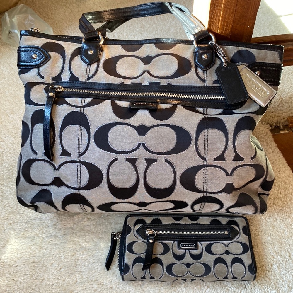 Gray & Black Coach purse and matching wallet.